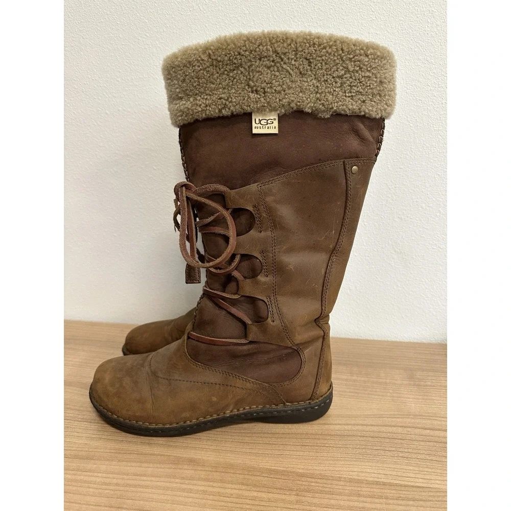 Ugg Australia Leather Boots Womens Size 9 Sheepskin Brown